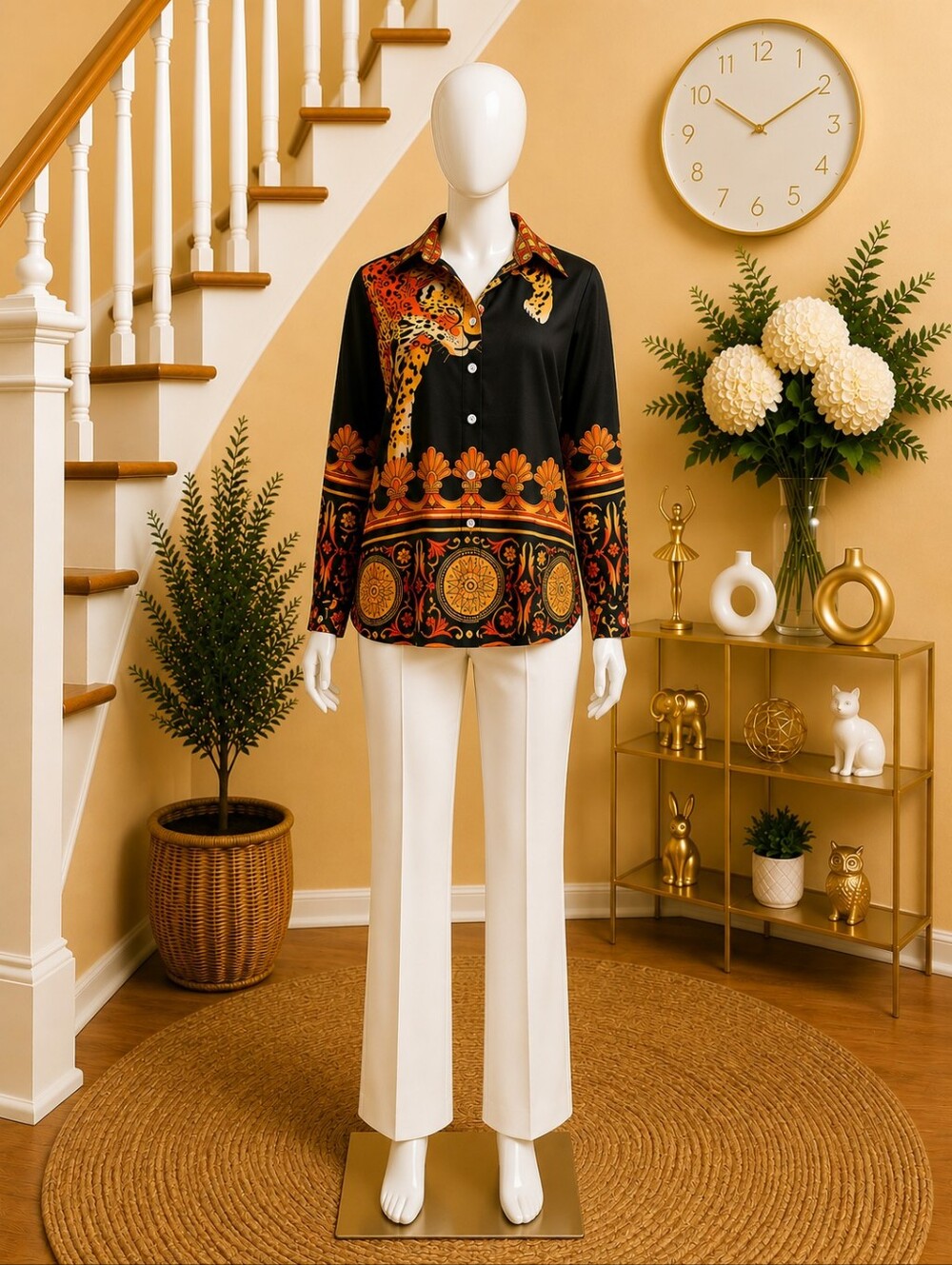 Black & Orange Baroque Tiger Print Button-Up Blouse